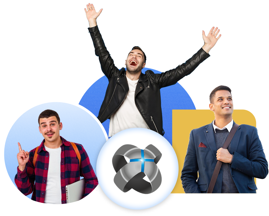 A student, working professional, and an adult all looking happy with the MiindKraft Psych Solutions logo in the middle